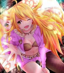  belly_chain blonde_hair breasts cleavage commentary_request female headset hoshii_miki idolmaster idolmaster_(classic) jewelry kotorii leaning_forward long_hair one_eye_closed open_mouth outstretched_hand pantyhose pink_diamond_765_(idolmaster) single_leg_pantyhose solo yellow_eyes 