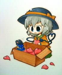  2girls :d bad_id bad_pixiv_id blue_eyes blue_hair blush bow box cardboard_box climbing flying_sweatdrops food frills fruit gem grey_hair hat hat_bow heart heart_of_string hinanawi_tenshi komeiji_koishi leaf long_hair long_skirt mini_person minigirl multiple_girls open_mouth peach short_hair short_sleeves skirt smile third_eye touhou very_long_hair yuasan 