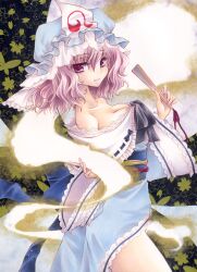  acrylic_paint_(medium) aoi_yuuka_(ao_no_kokoro) bare_shoulders breasts cleavage commentary_request female folded_fan folding_fan hand_fan hat hitodama holding marker_(medium) medium_breasts obi off_shoulder painting_(medium) pink_eyes pink_hair purple_eyes saigyouji_yuyuko sash short_hair smile solo touhou traditional_media triangular_headpiece 