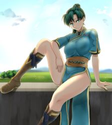  arm_rest bad_id bad_pixiv_id blue_eyes boots earrings female fire_emblem fire_emblem:_the_blazing_blade green_hair hair_tie jewelry knee_boots leg_up light_smile long_hair lyn_(fire_emblem) ponytail sajittari side_slit sitting solo 