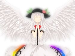  alternate_hair_color angel_wings awai_shiro bad_id bad_pixiv_id bow closed_eyes female food frills fruit g-tenko-r hat hinanawi_tenshi leaf light_smile long_hair m.u.g.e.n own_hands_clasped own_hands_together peach photoshop_(medium) short_sleeves simple_background smile solo touhou very_long_hair white_hair wings 