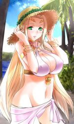  armlet blonde_hair bracelet breasts celestine_lucullus cleavage commentary_request covered_nipples elf female green_eyes hat head_wreath jewelry kenjuurou kuroinu_~kedakaki_seijo_wa_hakudaku_ni_somaru~ large_breasts long_hair navel o-ring o-ring_top outdoors photoshop_(medium) pointy_ears smile solo straw_hat swimsuit very_long_hair 