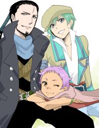  2boys alfa_system beard belt black_hair blue_eyes brown_eyes coat facial_hair female green_hair grey_eyes hat hermana_larmo hokkaitei long_hair multiple_boys pants purple_hair ricardo_soldato scar scarf short_hair spada_belforma tales_of_(series) tales_of_innocence wink 