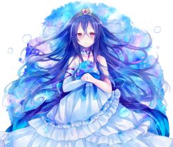  bare_shoulders blue_hair blush bouquet commentary_request dress female flower ibara_riato jewelry long_hair original photoshop_(medium) red_eyes ring solo veil wedding_dress 