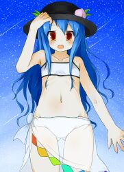  bad_id bad_pixiv_id bikini blue_hair blush collarbone contemporary faubynet female flat_chest food fruit hat highres hinanawi_tenshi leaf long_hair open_mouth orange_eyes peach solo swimsuit touhou very_long_hair white_bikini 