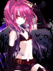  belt black_gloves commentary_request elbow_gloves female gloves kurokawa_(silve) long_hair looking_at_viewer midriff navel night_seeker_(sekaiju) night_seeker_2_(sekaiju) photoshop_(medium) pink_hair red_eyes sekaiju_no_meikyuu sekaiju_no_meikyuu_4 smile solo sword weapon 