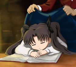  aged_down bad_link blanket book bow brown_hair closed_eyes covering_privates covering_with_blanket drawfag fate/stay_night fate/zero fate_(series) father_and_daughter female hairbow head_out_of_frame long_hair open_book sleeping tohsaka_rin tohsaka_tokiomi twintails unfinished 