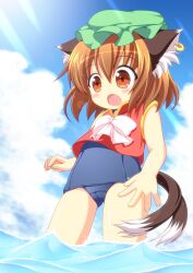  animal_ears blue_sky blush bow brown_eyes brown_hair cameltoe cat_ears cat_tail chen cloud day earrings hat jewelry multiple_tails nekomata oerba_yun_fang one-piece_swimsuit open_mouth pila-pela school_swimsuit sky solo swimsuit swimsuit_under_clothes tail touhou vest water 