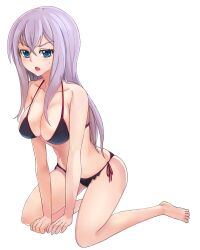  all_fours ashita_(2010) bad_id bad_pixiv_id barefoot bikini black_bikini blue_eyes breasts cardfight!!_vanguard cleavage female large_breasts long_hair open_mouth purple_hair side-tie_bikini_bottom solo swimsuit tokura_misaki 