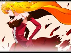  bad_id bad_pixiv_id bare_shoulders blonde_hair breasts cleavage dress elbow_gloves female gloves kiss-shot_acerola-orion_heart-under-blade letterboxed long_hair medium_breasts monogatari_(series) oshino_shinobu photoshop_(medium) profile red_dress solo yadokugaeru yellow_eyes 