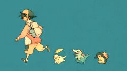  1boy backpack backwards_hat bad_id bad_pixiv_id bag baseball_cap blue_background chikorita cyndaquil ethan_(pokemon) hat highres luce-in-the-sky open_mouth pokemon pokemon_(creature) pokemon_gsc starter_pokemon_trio totodile walking 