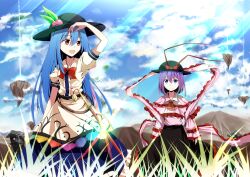  2girls :d bad_id bad_pixiv_id blue_eyes blue_hair bow capelet cloud food frills fruit grass hat hat_ribbon hidaka_kouyou hinanawi_tenshi leaf light long_hair long_skirt long_sleeves multiple_girls nagae_iku open_mouth peach purple_hair red_eyes revision ribbon rock shawl short_hair short_sleeves skirt sky smile sword_of_hisou touhou very_long_hair weapon 