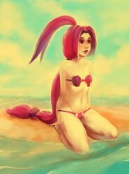  beach bikini blush collarbone eyelashes female flat_chest full_body glitchedpuppet gorebyss groin highres hip_focus kneeling light_smile lips long_hair looking_away low-tied_long_hair lowleg lowleg_bikini navel nose ocean personification pink_bikini pink_hair pink_theme pokemon ponytail realistic sand shell shell_bikini signature solo swimsuit thighs very_long_hair water 