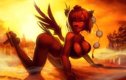  2012 anokorok big_breasts bottomless breasts canid canine canis cleavage clothed clothing domestic_dog female hair mammal outside red_eyes shameimaru_aya skimpy smile solo sunset touhou wings 