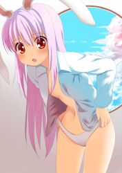  :o animal_ears b-ginga cherry_blossoms cloud commentary_request female leaning_forward long_hair looking_at_viewer navel open_clothes open_shirt panties pink_hair rabbit_ears red_eyes reisen_udongein_inaba round_window shirt sky solo standing touhou underwear undressing very_long_hair white_shirt window 