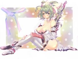  :o aged_up amatsuba_mimina aqua_eyes bad_id bad_pixiv_id bare_shoulders black_panties blush breasts cleavage cosplay detached_sleeves female green_hair hair_ornament hair_ribbon huge_breasts legs mihiro_ardygun nanbu_kaguya nanbu_kaguya_(cosplay) panties ribbon shiny_skin shoes sitting solo super_robot_wars sword thighhighs underwear weapon white_thighhighs 