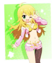  ahoge asymmetrical_clothes blonde_hair bra breasts cleavage commentary_request cropped_jacket female fishnet_pantyhose fishnets green_eyes hahifuhe hoshii_miki idolmaster idolmaster_(classic) long_hair navel one_eye_closed open_mouth pantyhose pink_diamond_765_(idolmaster) pink_shorts shorts single_leg_pantyhose small_breasts solo thigh_gap underwear 