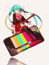  4_(nakajima4423) alternate_costume aqua_eyes aqua_hair blue_hair cellphone closed_eyes guitar hatsune_miku instrument iphone long_hair music musical_note necktie phone pixiv_manga_sample smartphone smile twintails vocaloid 