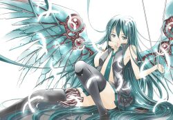  android bad_id bad_pixiv_id feathers female green_eyes green_hair hair_down hatsune_miku long_hair mechanical_wings moonsorrow necktie open_clothes open_shirt shirt simple_background sitting skirt solo thighhighs very_long_hair vocaloid white_background wings 