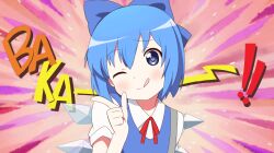  ;q bakyu-n!! blue_bow blue_eyes blue_hair bow cirno commentary_request female hairbow linda_b neck_ribbon one_eye_closed parody photoshop_(medium) red_ribbon ribbon solo style_parody tongue tongue_out touhou wings yuru_yuri 