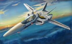  1980s_(style) 1boy aircraft airplane armor bad_id bad_pixiv_id choujikuu_yousai_macross cloud cockpit fighter_jet flying i.t.o_daynamics jet macross macross:_do_you_remember_love? military military_vehicle realistic retro_artstyle roy_focker science_fiction sky spacesuit sun u.n._spacy variable_fighter vehicle_focus vf-1 vf-1s 