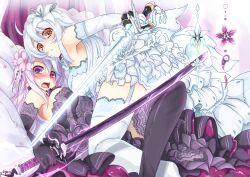  2girls black_gloves black_legwear blush breasts commentary_request cu-no dress elbow_gloves flower garter_straps gloves hair_flower hair_ornament hisen_kaede holding large_breasts long_hair lying multiple_girls official_art on_back open_mouth photoshop_(medium) purple_eyes purple_hair rapua_qive sword tears thighhighs weapon white_gloves white_hair white_legwear yayoi_sakura yellow_eyes 