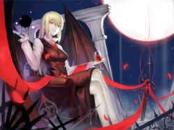  adapted_costume aged_up bat_wings blonde_hair boots breasts commentary_request crossed_legs cupping_glass darkness ex-rumia female glass grin highres keli_bang long_hair long_sleeves medium_breasts moon necktie night oerba_yun_fang open_mouth red_eyes red_moon red_necktie ribbon rumia sidelocks sitting smile smirk solo sword thighhighs touhou very_long_hair weapon wings 