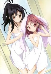  2girls absurdres accel_world alternate_hairstyle black_hair brown_eyes collarbone freckles fujii_maki hair_down hair_up highres imageboard_desourced kouzuki_yuniko kuroyukihime long_hair multiple_girls naked_towel non-web_source nyantype official_art ponytail red_hair scan smile towel wet wet_hair 