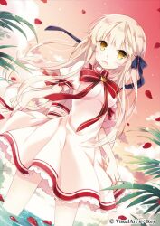  black_ribbon blonde_hair dress female flower hair_ribbon kazamatsuri_institute_high_school_uniform lace long_hair nyanya open_mouth petals photoshop_(medium) rewrite ribbon school_uniform senri_akane smile solo yellow_eyes 