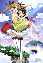  2girls :d ;d absurdres barefoot carrying dog_days hashidate_kana highres megami_magazine multiple_girls official_art one_eye_closed open_mouth princess_carry rebecca_anderson scan shoes single_shoe skirt smile takatsuki_nanami thighhighs twintails zettai_ryouiki 