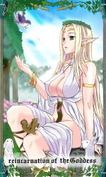  blonde_hair bracelet breasts celestine_lucullus choker cleavage commentary_request elf female forest green_eyes head_wreath huge_breasts jewelry kenjuurou kuroinu_~kedakaki_seijo_wa_hakudaku_ni_somaru~ large_breasts long_hair nature nipples pointy_ears solo very_long_hair 