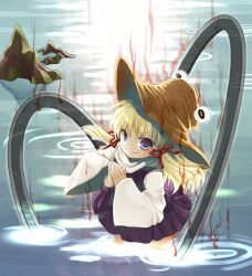  blonde_hair commentary_request female hair_ribbon hat hoop long_hair long_sleeves moriya&#039;s_iron_rings moriya_suwako own_hands_together purple_eyes ribbon shirt short_hair skirt skirt_set smile socha solo thighhighs touhou vest wading water white_thighhighs wide_sleeves 