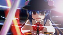  blue_hair bow commentary_request female food fruit hat hinanawi_tenshi leaf long_hair open_mouth peach photoshop_(medium) red_eyes short_sleeves solo sweatdrop sword sword_of_hisou touhou tsubasa_(abchipika) very_long_hair weapon 