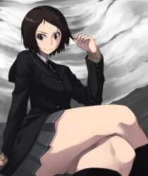  amagami bad_id bad_pixiv_id black_jacket bob_cut brown_eyes brown_hair cardigan crossed_legs female hair_flip highres jacket kibito_high_school_uniform kurosawa_noriko legs long_sleeves pleated_skirt rain ruffling_hair school_uniform short_hair sitting skirt solo thighs wavy_mouth wiori_(mashiro_miracle) 