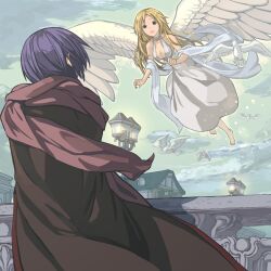  1boy angel_wings bad_id bad_pixiv_id barefoot bird blonde_hair blue_hair dress ehekatl_of_luck elona female harusame_(rueken) lamppost renton_the_suffering_wizard robe sash wings 