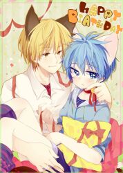  2boys animal_ears bad_id bad_pixiv_id bell blonde_hair blue_eyes blue_hair cat_ears collar english_text engrish_text happy_birthday kemonomimi_mode kise_ryouta kuroko_no_basuke kuroko_tetsuya male_focus multiple_boys neck_bell oerba_yun_fang ranguage short_hair touyama_soboro yaoi yellow_eyes 