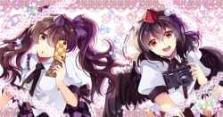  2girls :d bad_id bad_pixiv_id black_hair brown_hair camera cellphone chocho_(homelessfox) feathered_wings hat himekaidou_hatate holding long_hair multiple_girls open_mouth phone photoshop_(medium) red_eyes shameimaru_aya smile star_(symbol) tokin_hat touhou twintails wings yellow_eyes 