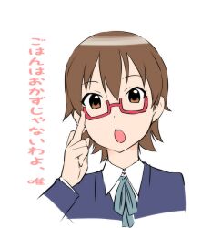  brown_eyes brown_hair commentary_request female glasses k-on! manabe_nodoka red-framed_eyewear sakuragaoka_high_school_uniform school_uniform semi-rimless_eyewear short_hair solo ueyama_michirou 