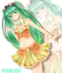  bad_id bad_pixiv_id blush cosplay crop_top female goggles goggles_on_head green_eyes green_hair gumi gumi_(cosplay) hatsune_miku long_hair midriff navel red-tinted_eyewear simple_background skirt solo tinted_eyewear twintails uruha_(yw1109) vocaloid white_background wrist_cuffs zoom_layer 