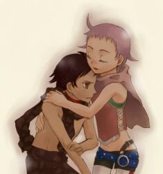  1boy alfa_system bare_shoulders belt black_hair chien_(tales_of_innocence) closed_eyes female hermana_larmo hug midriff navel open_mouth pants pantyhose purple_hair red_eyes short_hair short_shorts shorts tales_of_(series) tales_of_innocence 