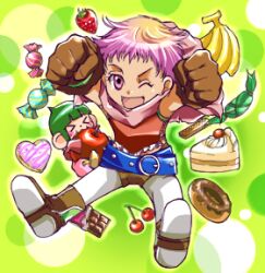  alfa_system banana belt cake candy chocolate coda female food fruit gloves hermana_larmo lowres midriff open_mouth pantyhose pink_eyes purple_hair scarf shoes short_shorts shorts strawberry tales_of_(series) tales_of_innocence wink 