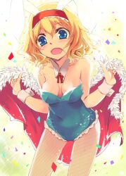  alice_margatroid animal_ears bad_id bad_pixiv_id blonde_hair blue_eyes blush bow breasts cape cleavage collarbone commentary_request confetti female fishnet_pantyhose fishnets hairband looking_at_viewer medium_breasts open_mouth pantyhose photoshop_(medium) playboy_bunny rabbit_ears short_hair sleeveless solo touhou wrist_cuffs yuu_(kfc) 