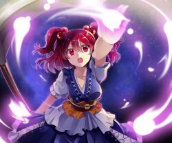  bad_id bad_pixiv_id chocho_(homelessfox) coin female hair_bobbles hair_ornament holding obi onozuka_komachi open_mouth photoshop_(medium) red_eyes red_hair sash scythe solo touhou two_side_up 