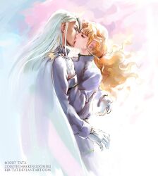  2007 2boys bishoujo_senshi_sailor_moon bishoujo_senshi_sailor_moon_(first_season) blonde_hair cape closed_eyes dark-skinned_male dark_skin earrings gloves jewelry kissing kunzite_(sailor_moon) long_hair low_ponytail male_focus multiple_boys ponytail tatiana_kirgetova uniform wavy_hair white_gloves white_hair yaoi zoisite_(sailor_moon) 