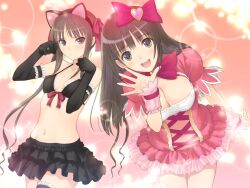  2girls :&lt; :d alternate_costume animal_ears arm_behind_back arm_garter bikini bikini_top_only black_eyes black_gloves black_hair blush bow breasts bridal_garter brooch cat_ears cleavage cleavage_cutout clenched_hands clothing_cutout cosplay covered_nipples cowboy_shot cross-laced_clothes downblouse dress elbow_gloves fake_animal_ears fault!! fault!!_s framed_breasts frilled_dress frilled_skirt frills front-tie_top frown gloves gradient_background hair_ribbon hairband hairbow hanging_breasts heart jewelry kemonomimi_mode large_breasts leaning_forward lens_flare light_particles linea_alba long_hair looking_at_viewer midriff miniskirt multiple_girls navel open_mouth paw_pose pink_dress ribbon saeki_ai sidelocks skindentation skirt small_breasts smile square_neckline standing sugiyama_mio swimsuit taut_clothes teeth thigh_gap tony_taka twintails upper_teeth_only very_long_hair waving wavy_hair wide_hips wrist_cuffs 