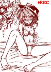  2girls bra breast_bondage breast_padding camera collar commentary_request grin hair_ribbon hat holding maribel_hearn monochrome multiple_girls on_bed panties photoshop_(medium) recording ribbon smile takana_shinno touhou translated underwear underwear_only usami_renko 