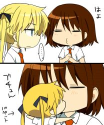  2girls bad_id bad_pixiv_id blonde_hair brown_hair hand_puppet kill_me_baby kissing multiple_girls oribe_yasuna puppet school_uniform short_hair sonya_(kill_me_baby) tariho_(robotanime) translated twintails yuri 