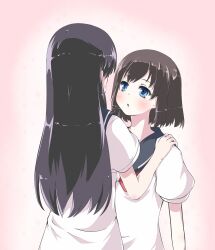  2girls after_kiss blue_eyes blush commentary_request from_behind hands_on_shoulders long_hair multiple_girls onjouji_toki saki_(manga) saki_achiga-hen saliva saliva_trail school_uniform senriyama_school_uniform serafuku shimizudani_ryuuka short_hair yui_(imprinting) yuri 