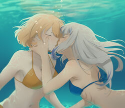  2girls absurdres air_bubble back bare_back bare_shoulders bikini blonde_hair blue_bikini blue_hair blush breasts bubble closed_eyes face-to-face gawr_gura gills grey_hair gygerbeen_rtl06 hand_on_another&#039;s_cheek hand_on_another&#039;s_face highres hololive hololive_english imminent_kiss large_breasts long_hair multicolored_hair multiple_girls navel nose_blush ocean orange_bikini parted_lips petite short_hair small_breasts spaghetti_strap streaked_hair submerged swimsuit underwater virtual_youtuber watson_amelia yuri 