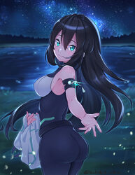  arm_strap ass black_hair breasts covered_nipples female green_eyes gundam gundam_build_divers gundam_build_divers_re:rise long_hair looking_at_viewer looking_back may_(gundam_build_divers_re:rise) medium_breasts nukenin open_hand solo 